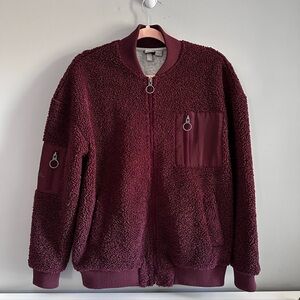 Bench Teddy Bear Bomber Jacket Maroon Zipper Pockets Size S